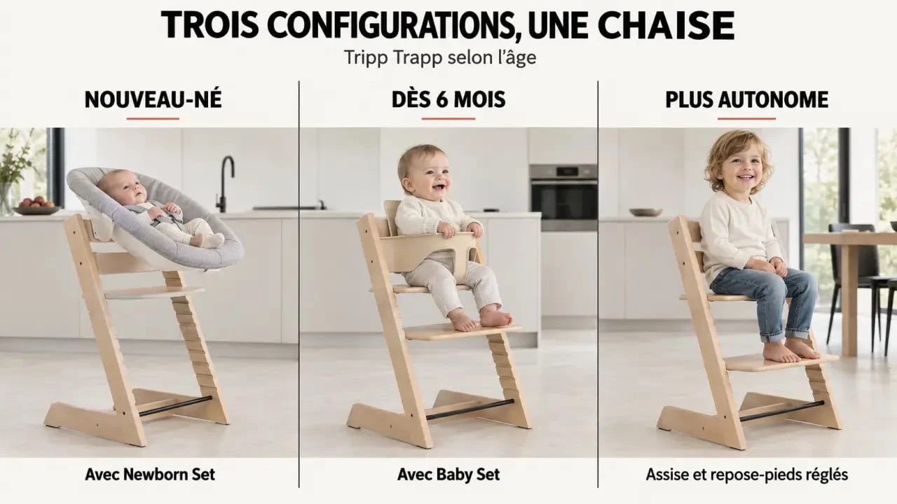 Chaise haute Stokke Tripp Trapp avec configurations Newborn Set, Baby Set et réglage évolutif selon l’âge