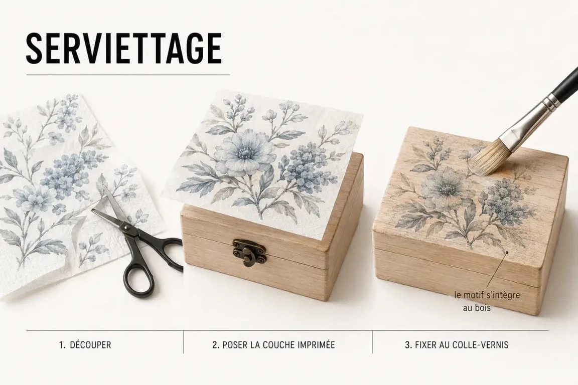 Serviette papier loisirs créatifs utilisée en serviettage sur une boîte en bois
