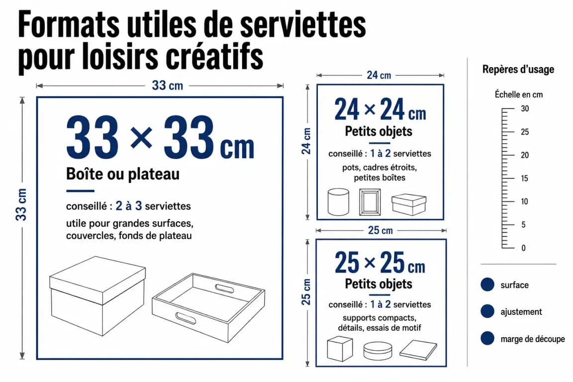 Serviette papier loisirs créatifs : formats 33 x 33 cm, 25 x 25 cm et usages recommandés