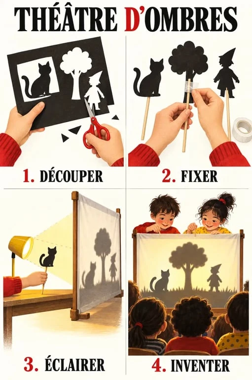 Étapes d’une activité manuelle enfants avec théâtre de silhouettes