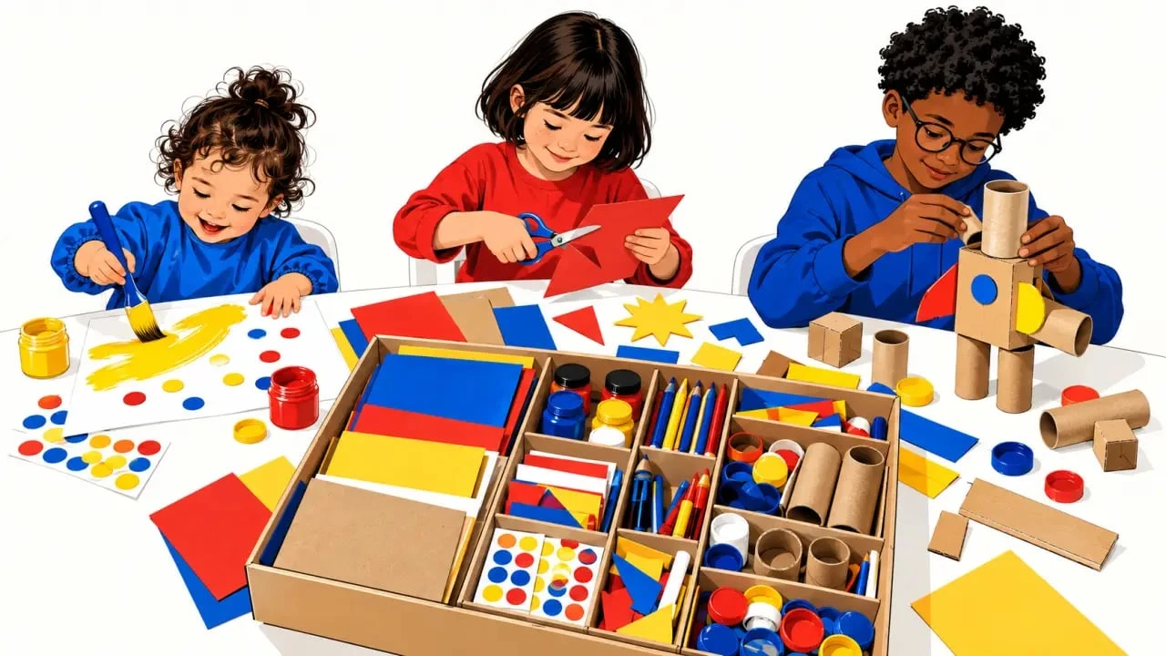 Activités manuelles enfants avec boîte créative et matériaux de récupération