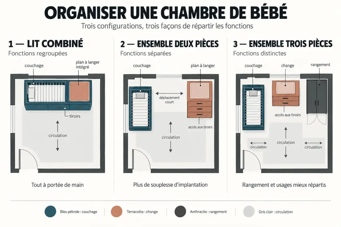 Infographie comparative des configurations de lit bébé avec table à langer