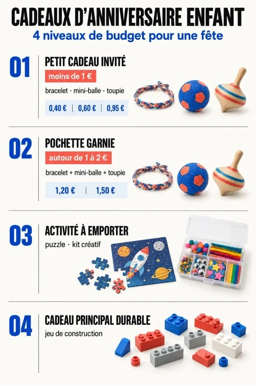 Infographie des budgets pour un cadeau d’anniversaire enfant et des pochettes surprises
