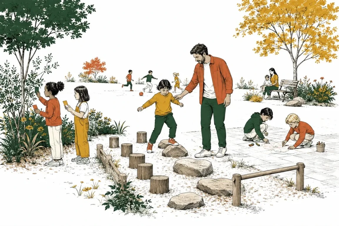 Activités extérieures enfants dans un parc avec jeux de motricité et chasse aux couleurs