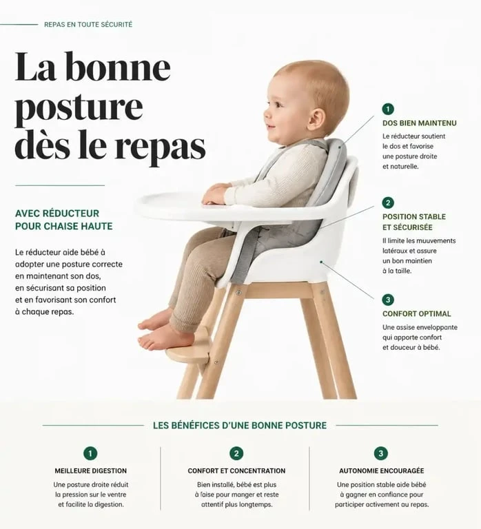 Bébé bien maintenu dans sa chaise haute avec un réducteur de chaise haute