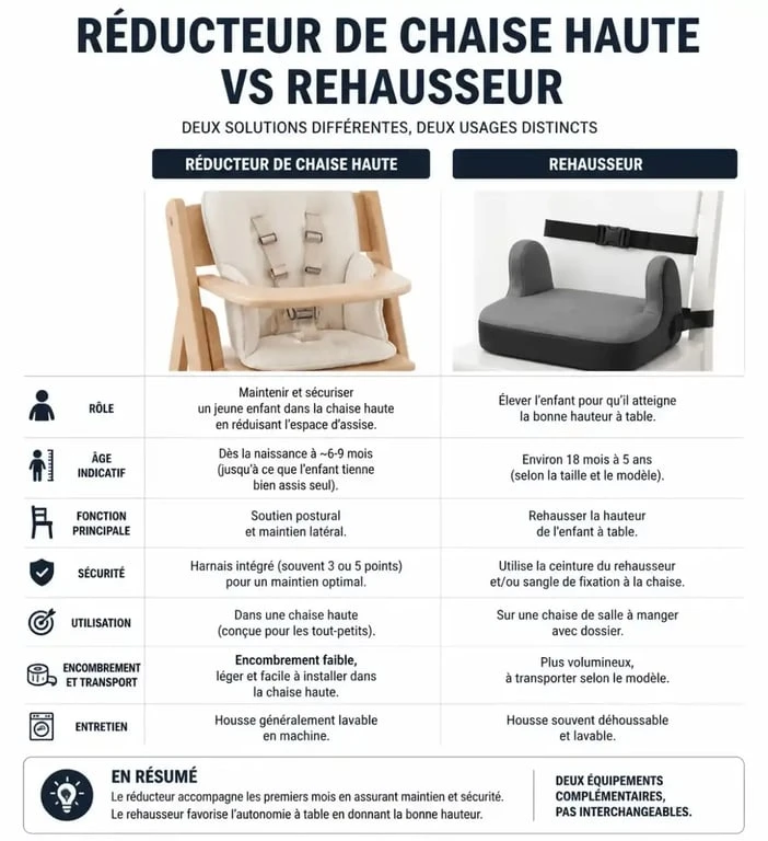 Infographie comparative entre un réducteur de chaise haute et un rehausseur pour bébé
