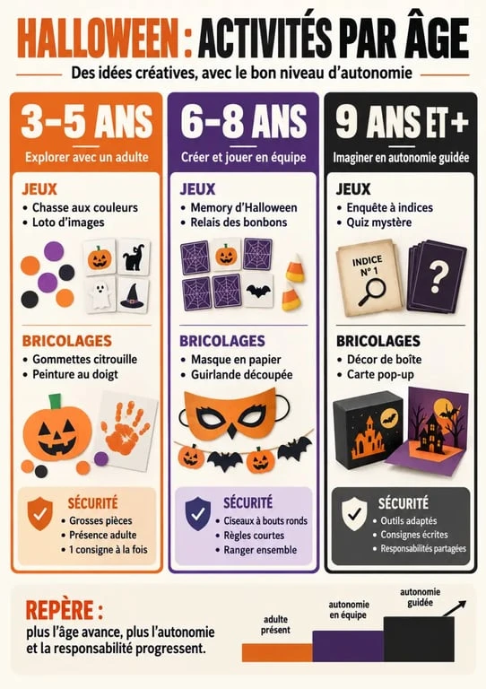 Infographie des activités Halloween enfants adaptées à chaque âge