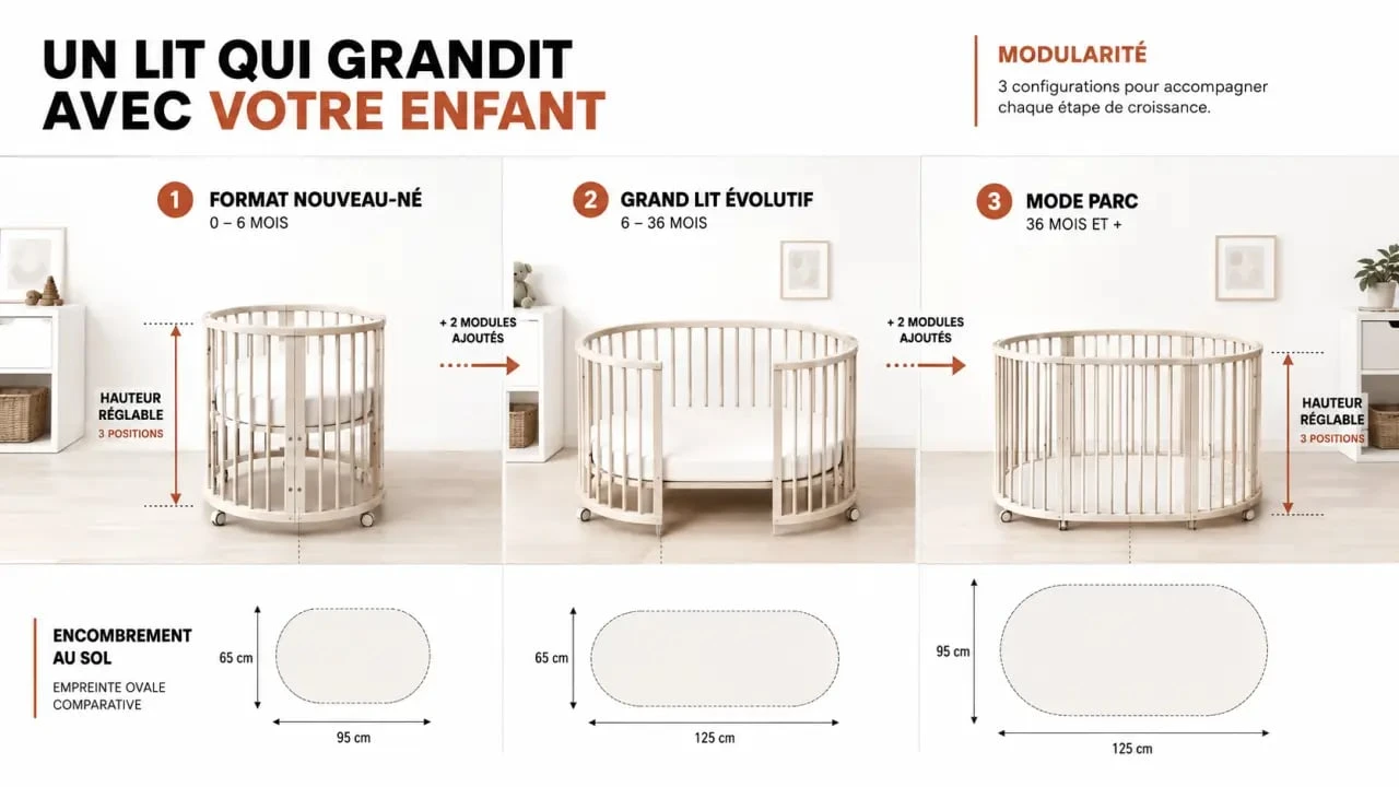 Lit bébé ovale évolutif en trois configurations, du berceau au grand lit