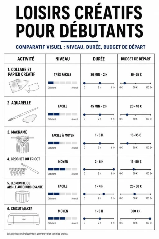 Idées loisirs créatifs : comparatif visuel des activités créatives selon niveau, durée et budget