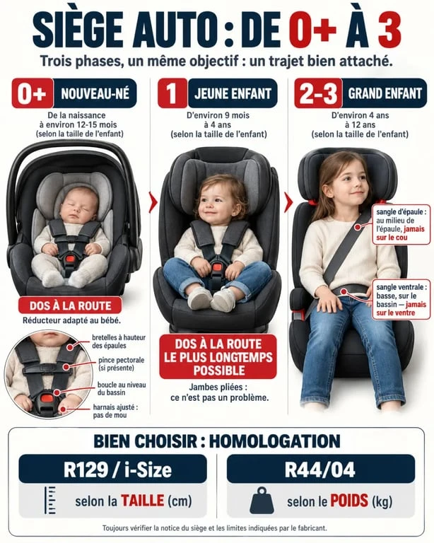 Infographie sur le siège auto bébé 0+/1 2 3 et ses différentes phases d'utilisation