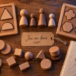 Jeux éducatifs en bois sur table en bois clair