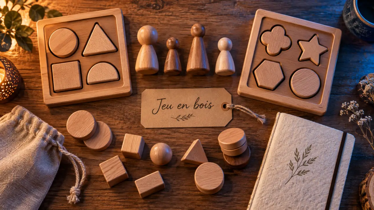 Jeux éducatifs en bois sur table en bois clair
