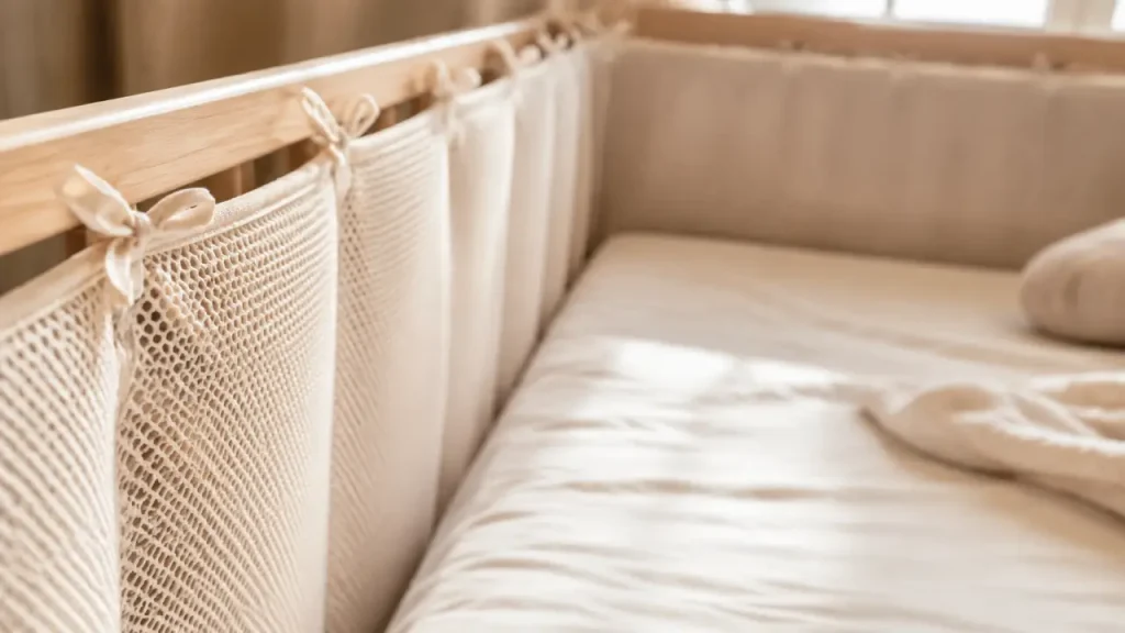 Tour de lit bébé respirant : maille filet, fixations fiables et retrait au bon moment