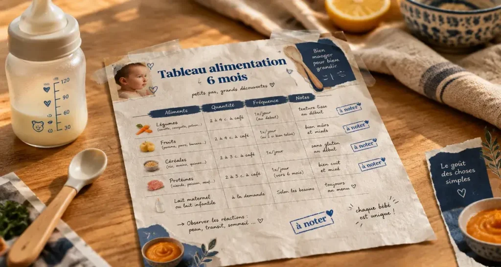 Alimentation bébé 6 mois : un tableau à imprimer pour les repas, textures et premiers allergènes