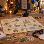 Anniversaire enfant 6 ans, chasse au trésor sur une table avec carte et indices