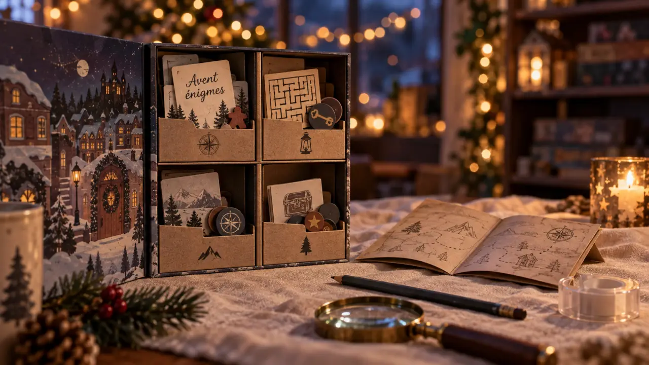 Calendrier de l avent jeux de société, calendrier ouvert sur table bois clair