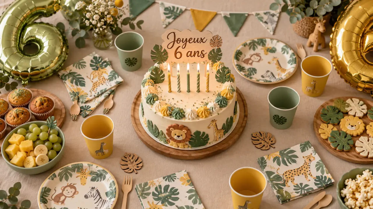 Déco anniversaire enfant : table de goûter avec gâteau 6 ans et ballons mylar