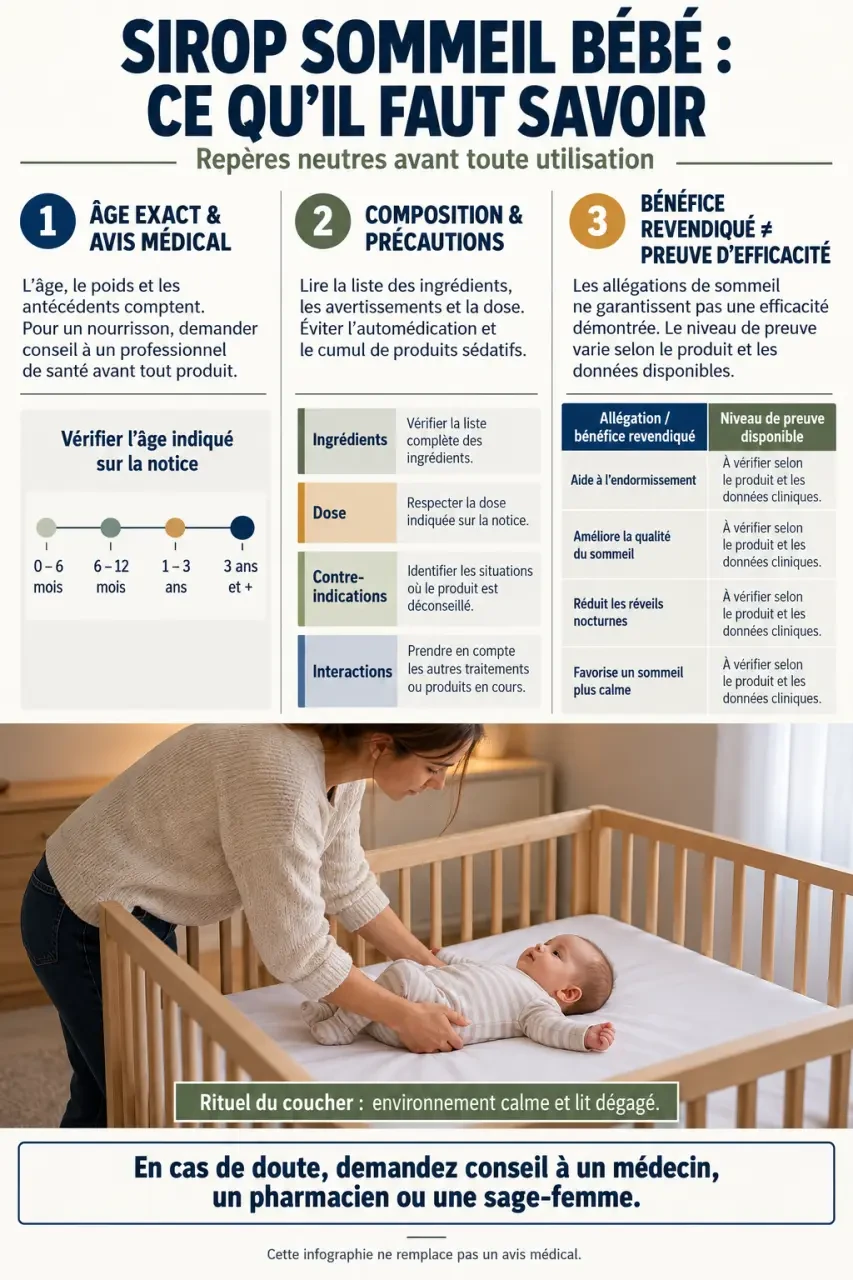 Infographie sur le sirop sommeil bébé efficace, l’âge, la composition et les précautions