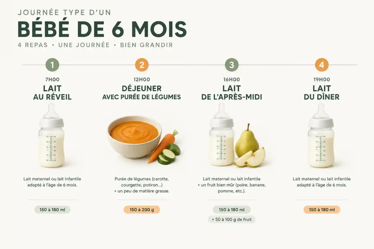 Alimentation bébé 6 mois : tableau de la journée type avec les quatre repas, du lait au réveil à la purée du déjeuner