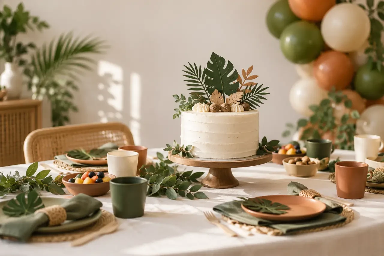Déco anniversaire enfant sur une table de goûter au thème jungle