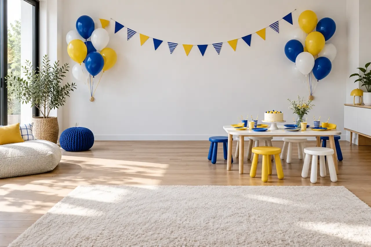 Déco anniversaire enfant avec guirlande de ballons et espace de jeu dégagé
