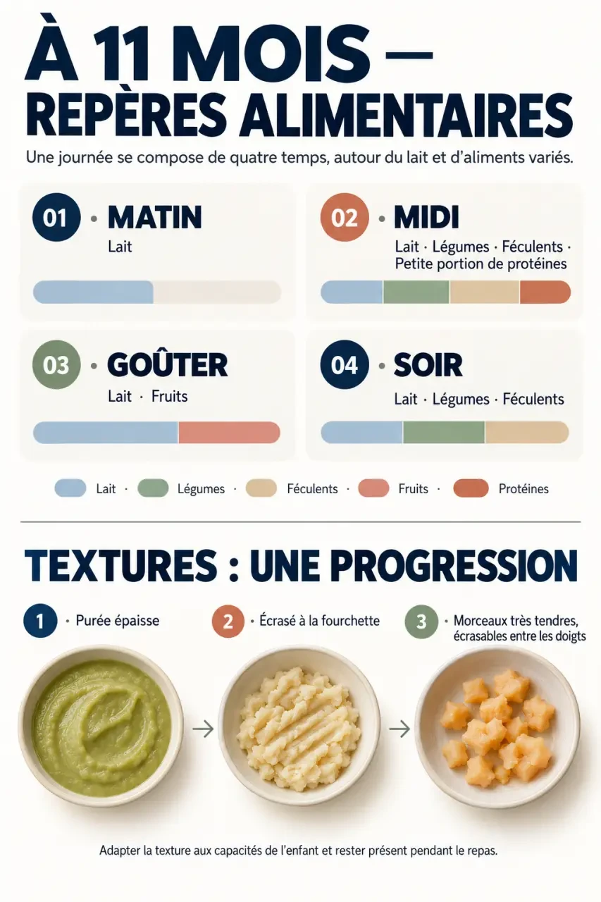 Alimentation bébé 11 mois : quatre repas et progression des textures