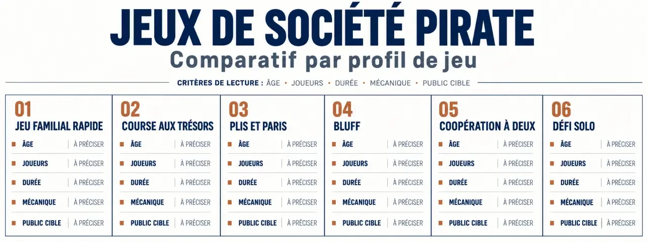 Infographie comparative des jeux de société pirate selon l’âge, le nombre de joueurs, la durée et la mécanique