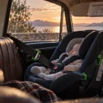 Siège auto bébé sans isofix installé à l’arrière, ceinture tendue