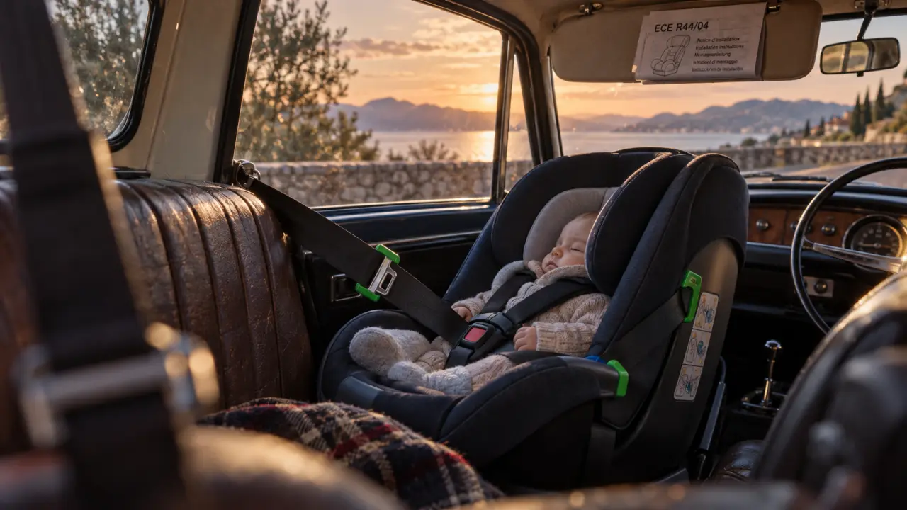Siège auto bébé sans isofix installé à l’arrière, ceinture tendue