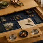 Table de jeux de société : plateau de jeu refermé pour protéger le repas