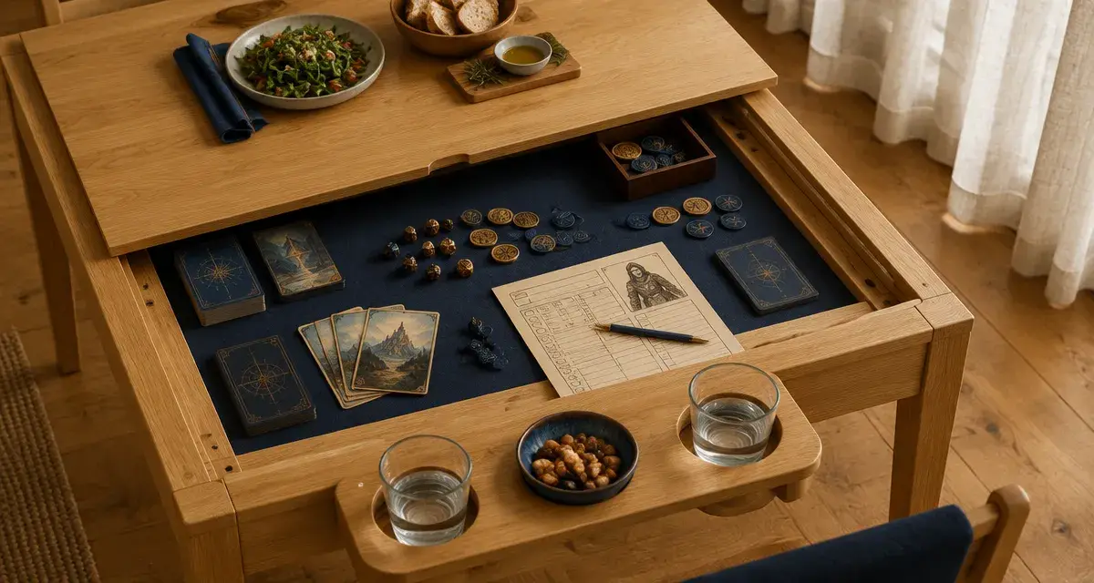 Table de jeux de société : plateau de jeu refermé pour protéger le repas